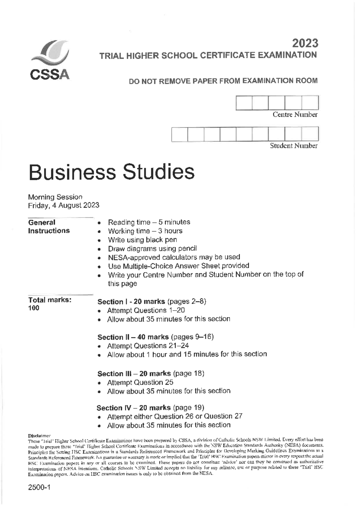 Business Studies HSC Trial Exam 2023 - CSSA Morning Session - Studocu