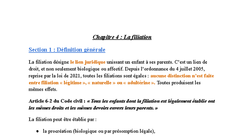 Chap 5 la filiation - voilà - Chapitre 4 : La filiation Section 1 ...