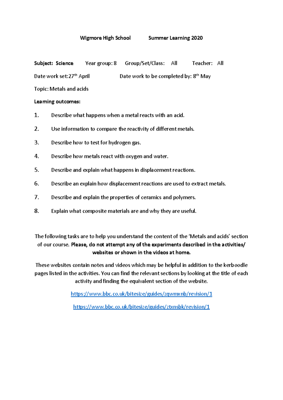 Metal and Acids Lessons for Year 8 Science (Summer 2020) - Studocu