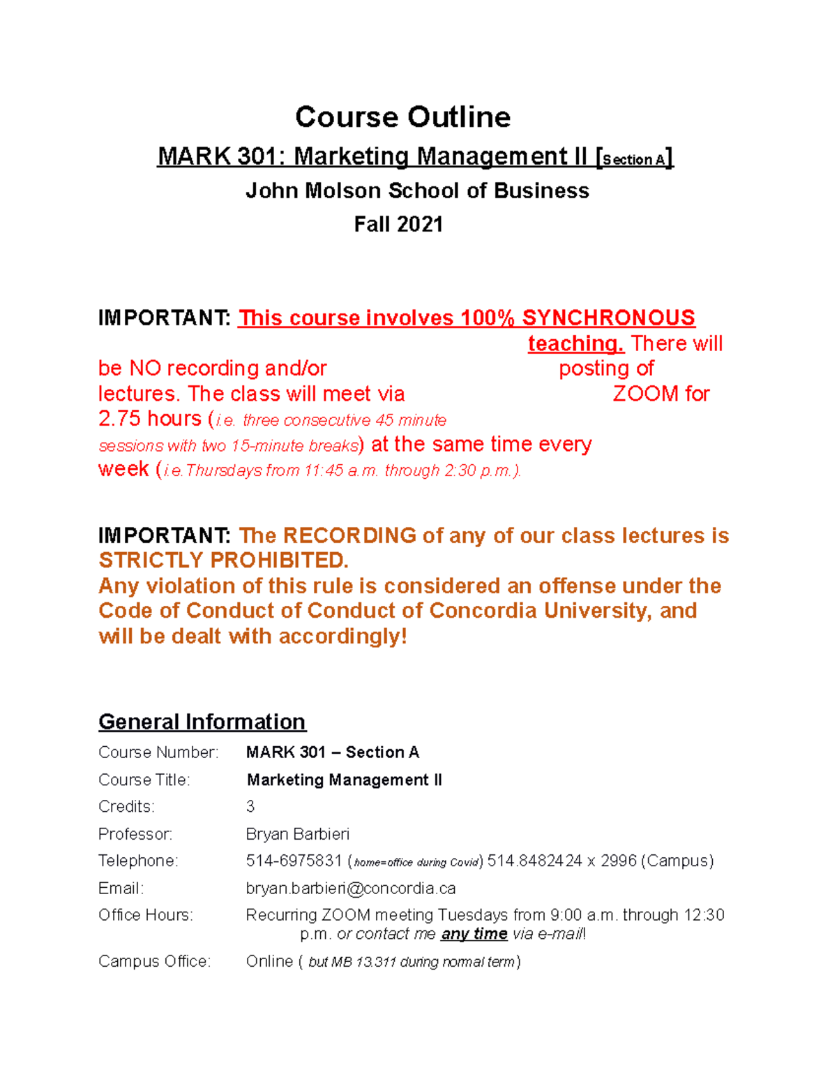 MARK 301 Course Outline: Marketing Management II for Fall 2021 - Studocu