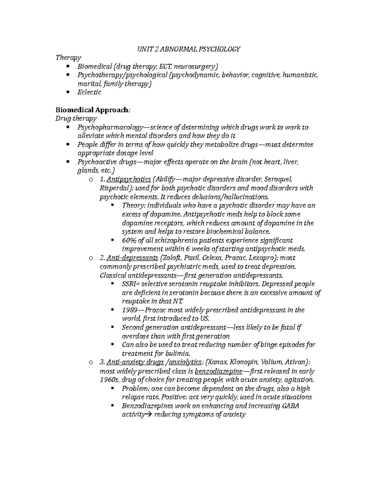 Unit 2 abnormal psych-dr - UNIT 2 ABNORMAL PSYCHOLOGY Therapy ...