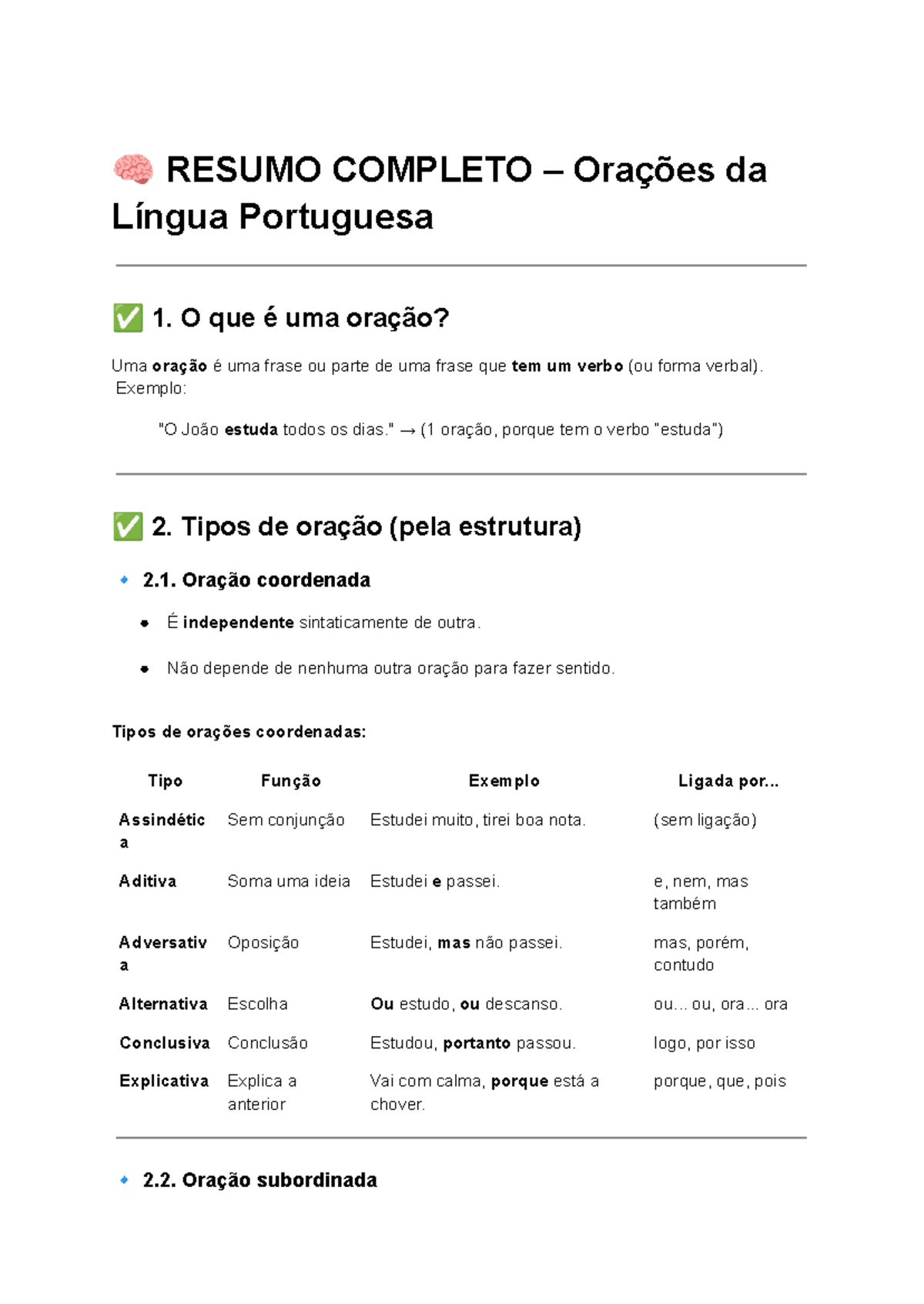 Resumo Completo: Tipos de Orações na Língua Portuguesa (LP 1) - Studocu