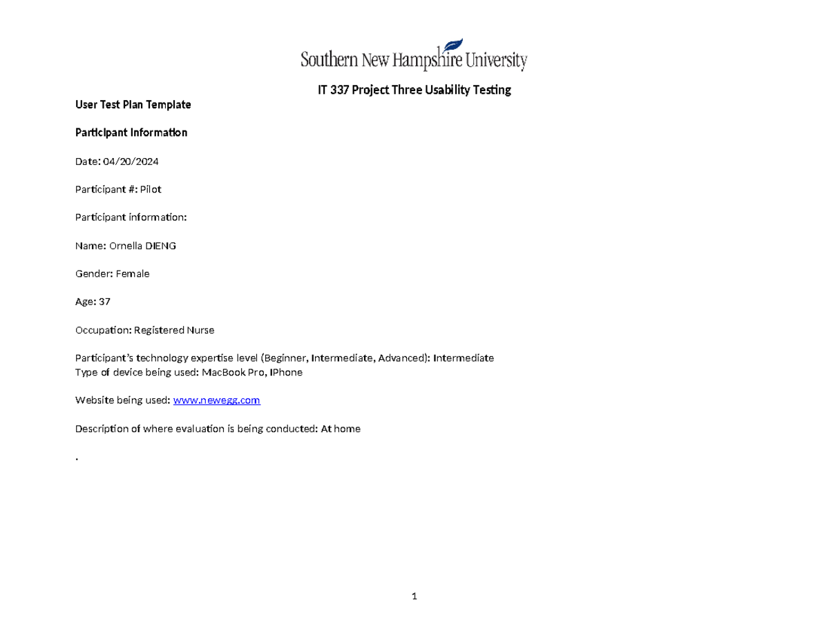IT-337 Final Project Three: Usability Testing User Test Plan - Studocu