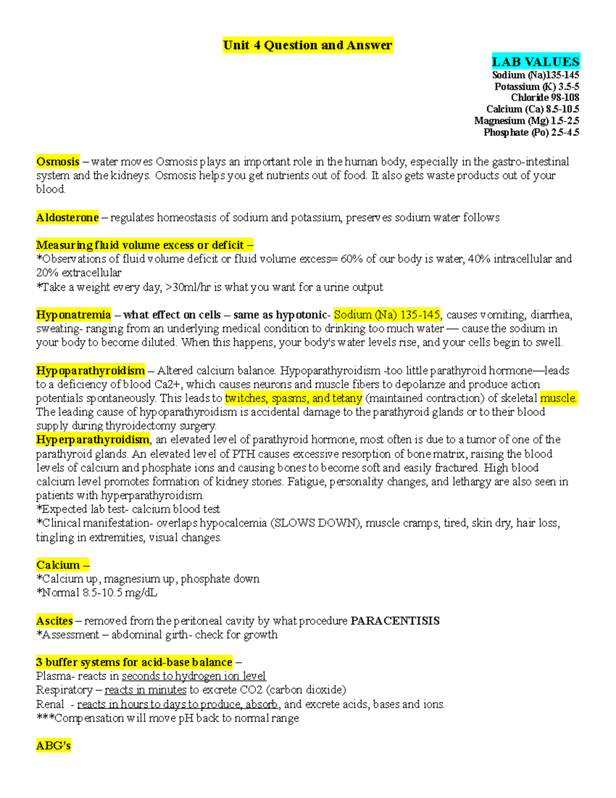 Unit 4 Study Guide for Pathophysiology: Key Lab Values and Concepts ...