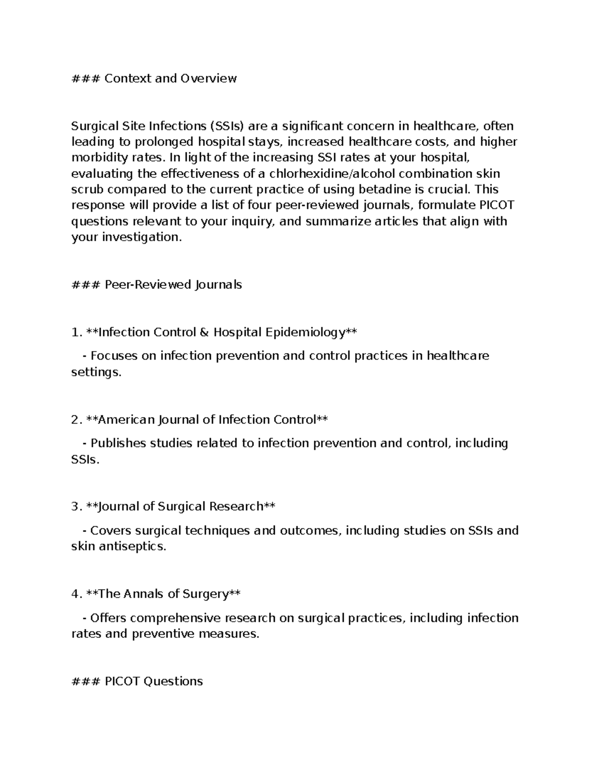 PICOT Questions and Journal Summaries on SSIs - Part 1 Notes - Studocu