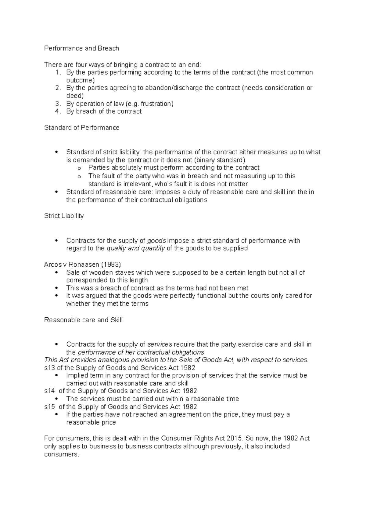 Performance and Breach of Contract: Key Principles and Cases - Studocu