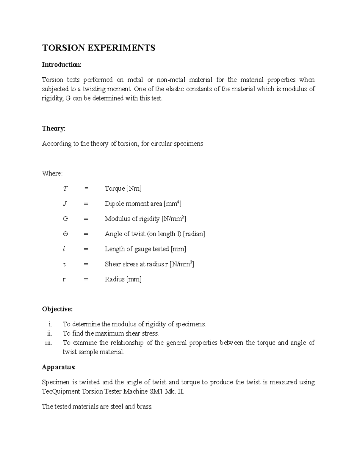 Torsion Testing for Modulus of Rigidity - Experiment Manual - Studocu