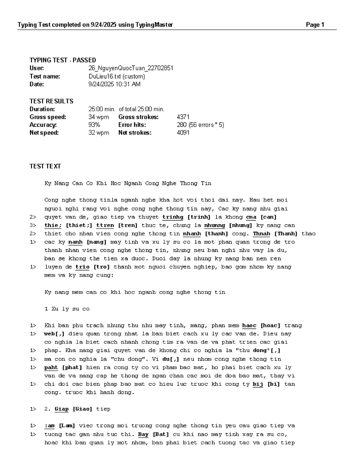 Typing Test Results and Skills Needed in IT (IT 101) - Studocu