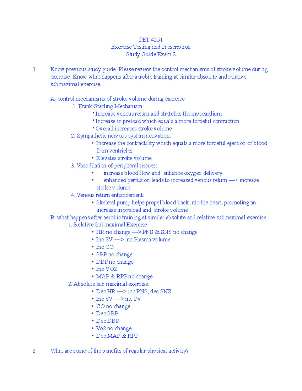 PET 4551 Exercise Testing & Prescription Study Guide for Exam 2 - Studocu