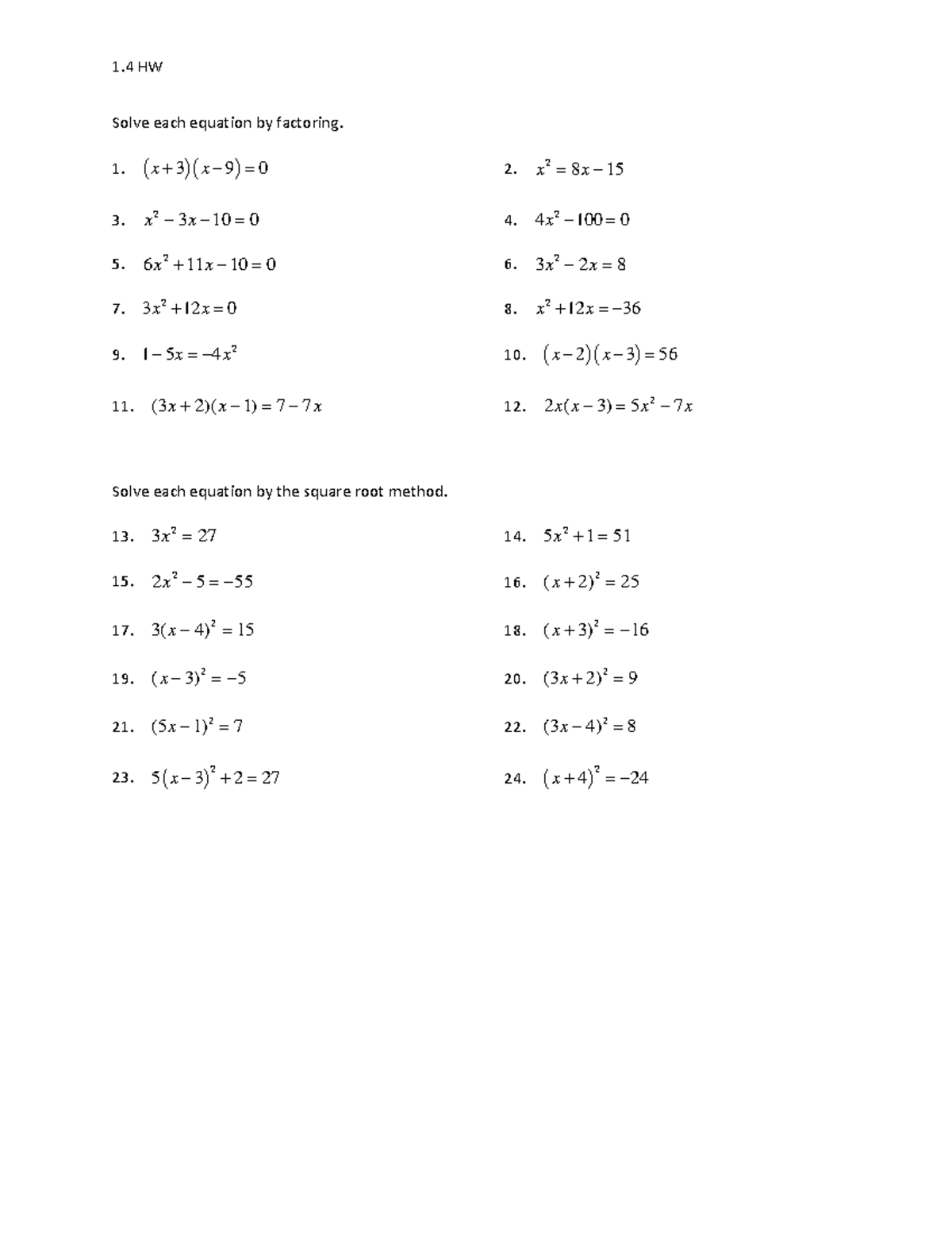 1.4 HW Fall 19(1) - Factoring and Square Root Equations - Studocu