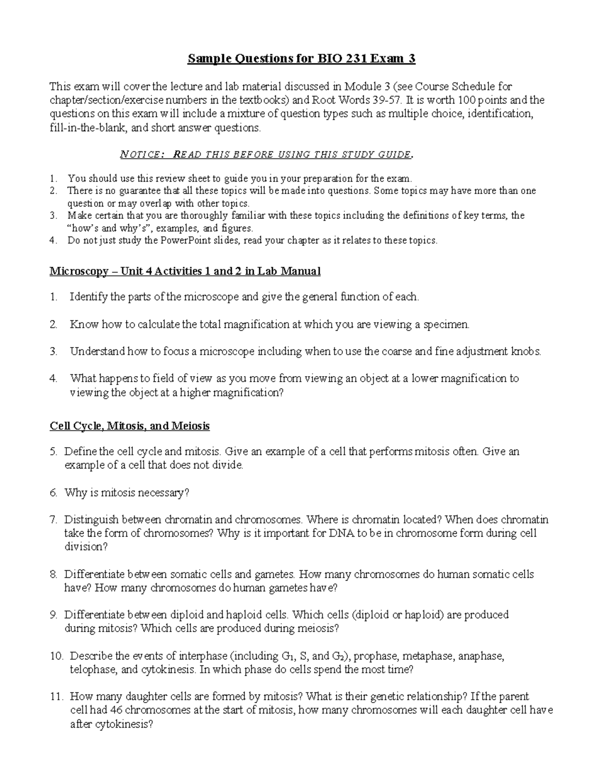 BIO 231 Exam 3: Sample Questions & Study Guide - Studocu