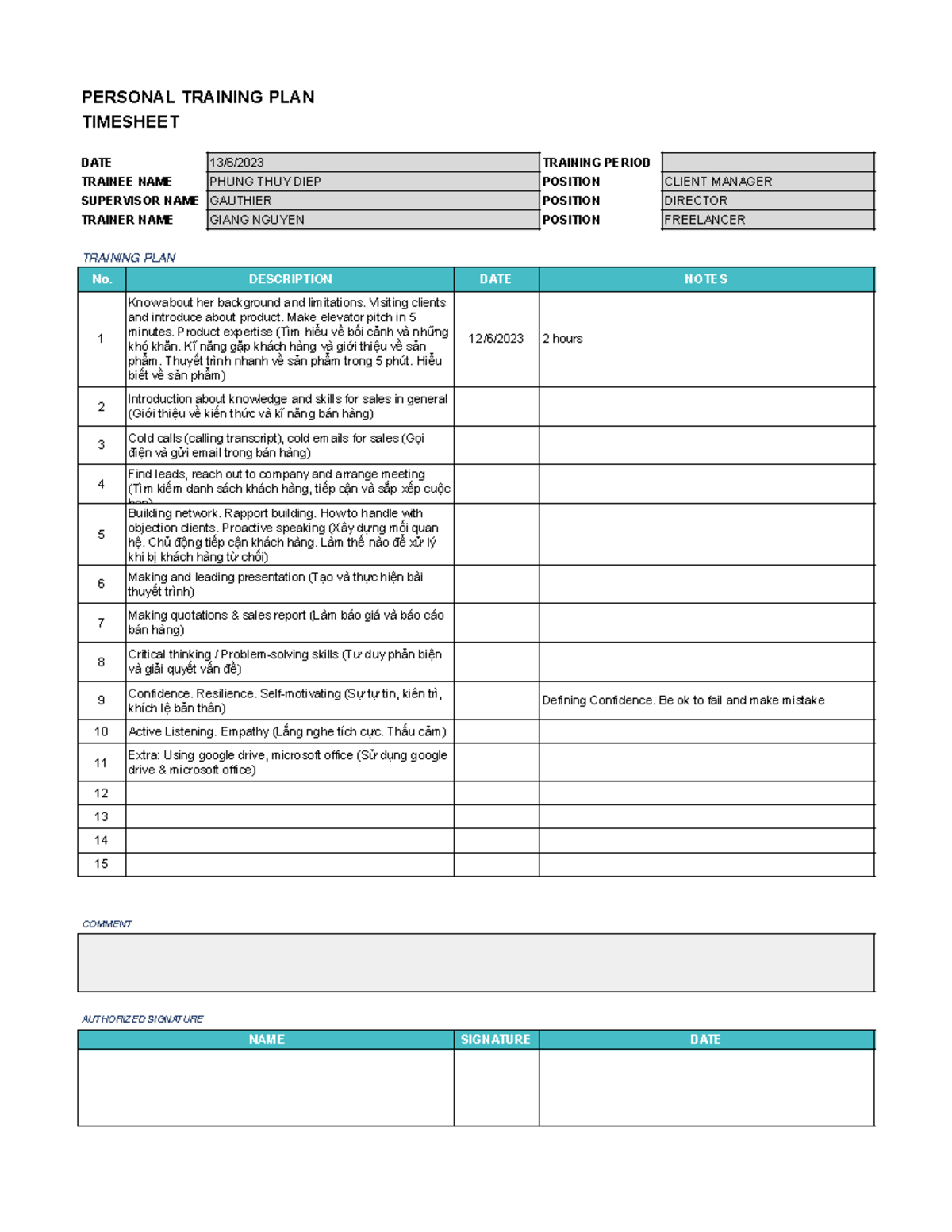 Training Plan and Evaluation Timesheet - Google Sheets - PERSONAL ...