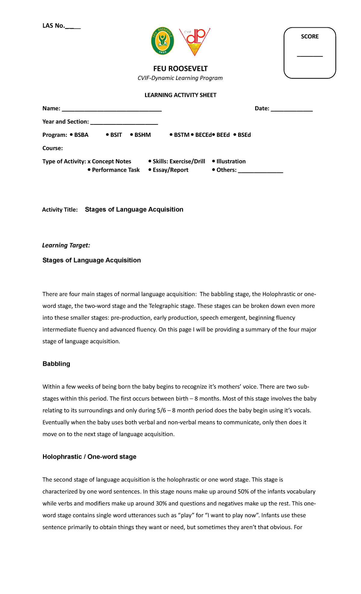 LAS 1 LA - Stages of Language Acquisition Concept Notes - Studocu