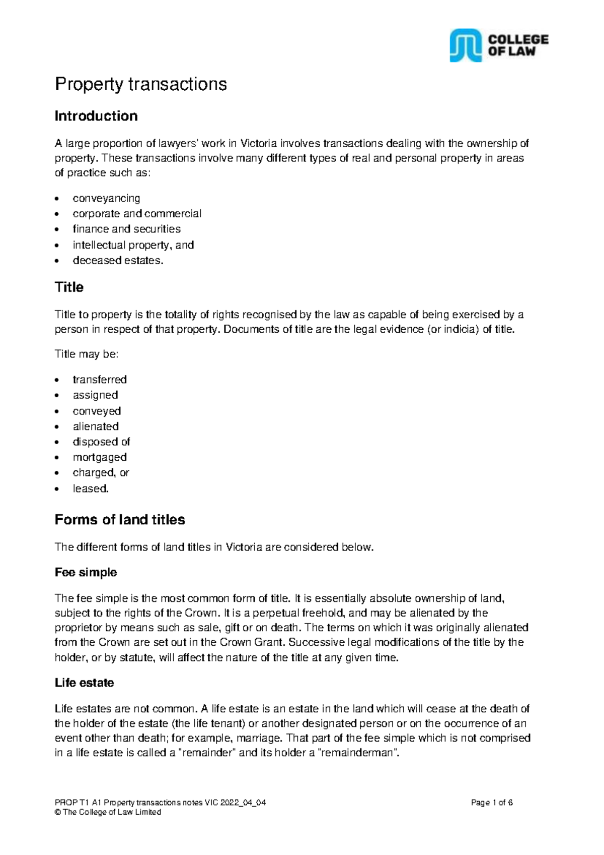 PROP T1 A1 Property transactions notes VIC 2022 04 04 - These ...