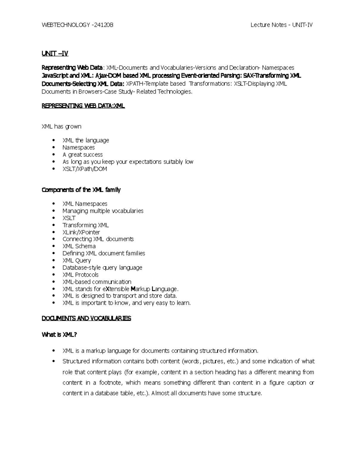 UNIT IV: Comprehensive Lecture Notes on XML, AJAX, and XSLT - Studocu