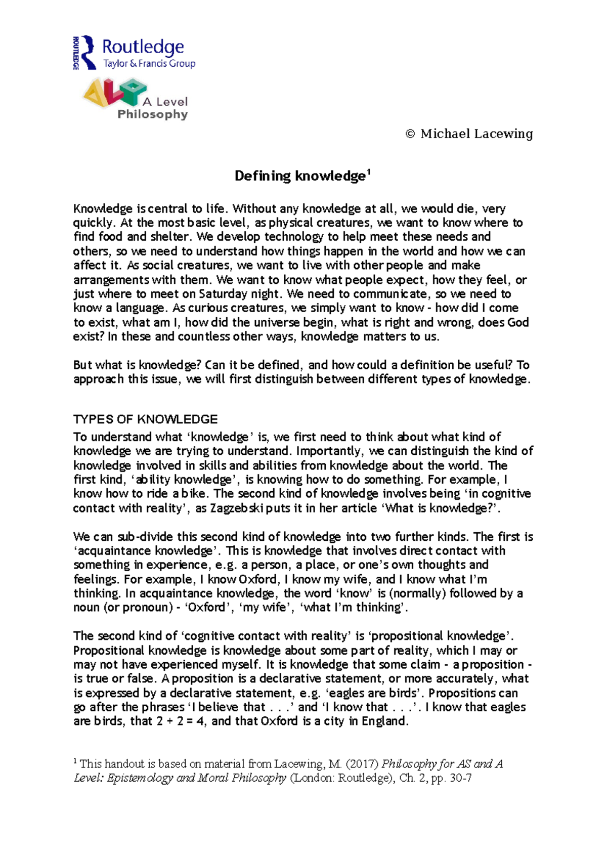 Defining knowledge - © Michael Lacewing Defining knowledge 1 Knowledge ...