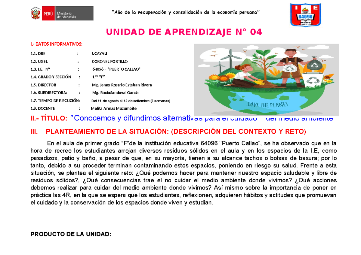 Unidad 04: Aprendizaje sobre el Cuidado del Medio Ambiente en 1er Grado ...