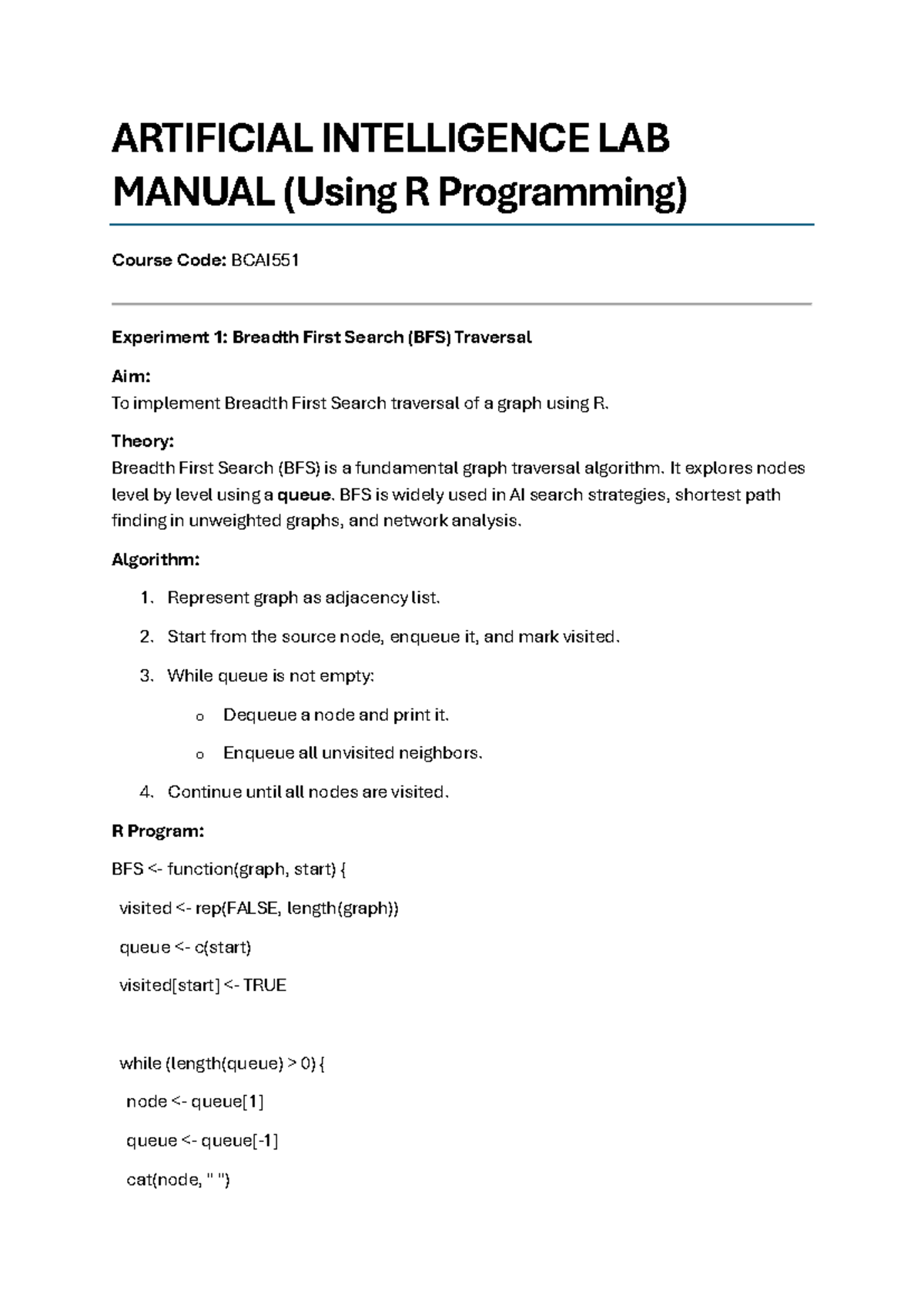 AI Lab Manual: BCAI551 Experiments in R Programming - Studocu