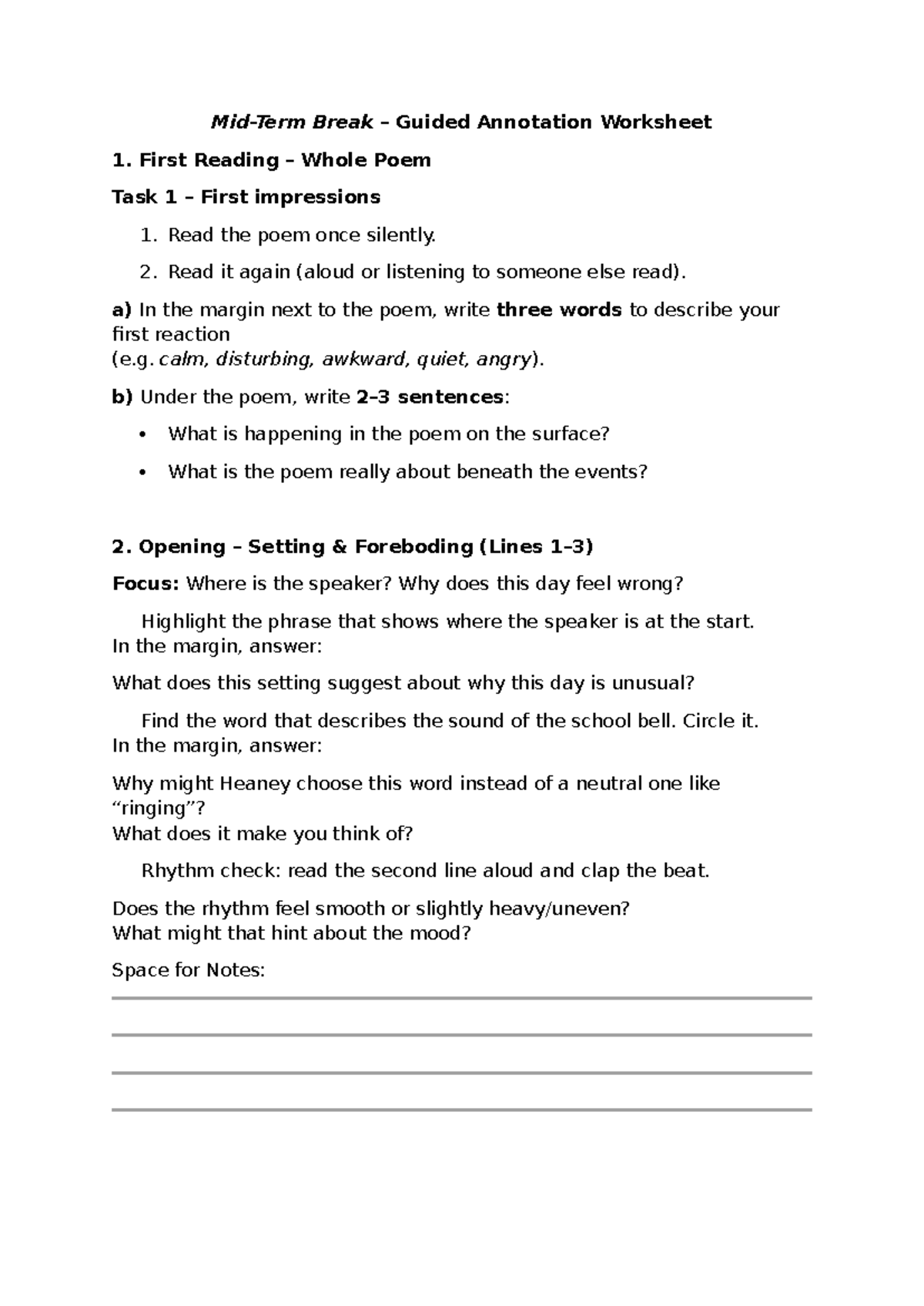 Mid-Term Break – Guided Annotation Worksheet - Mid-Term Break – Guided ...