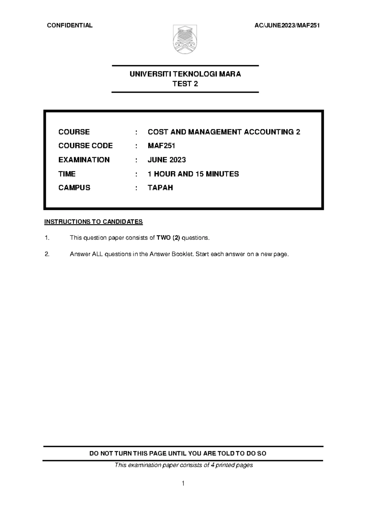 MAF251 Test 2: Cost & Management Accounting Exam - May 2024 - Studocu