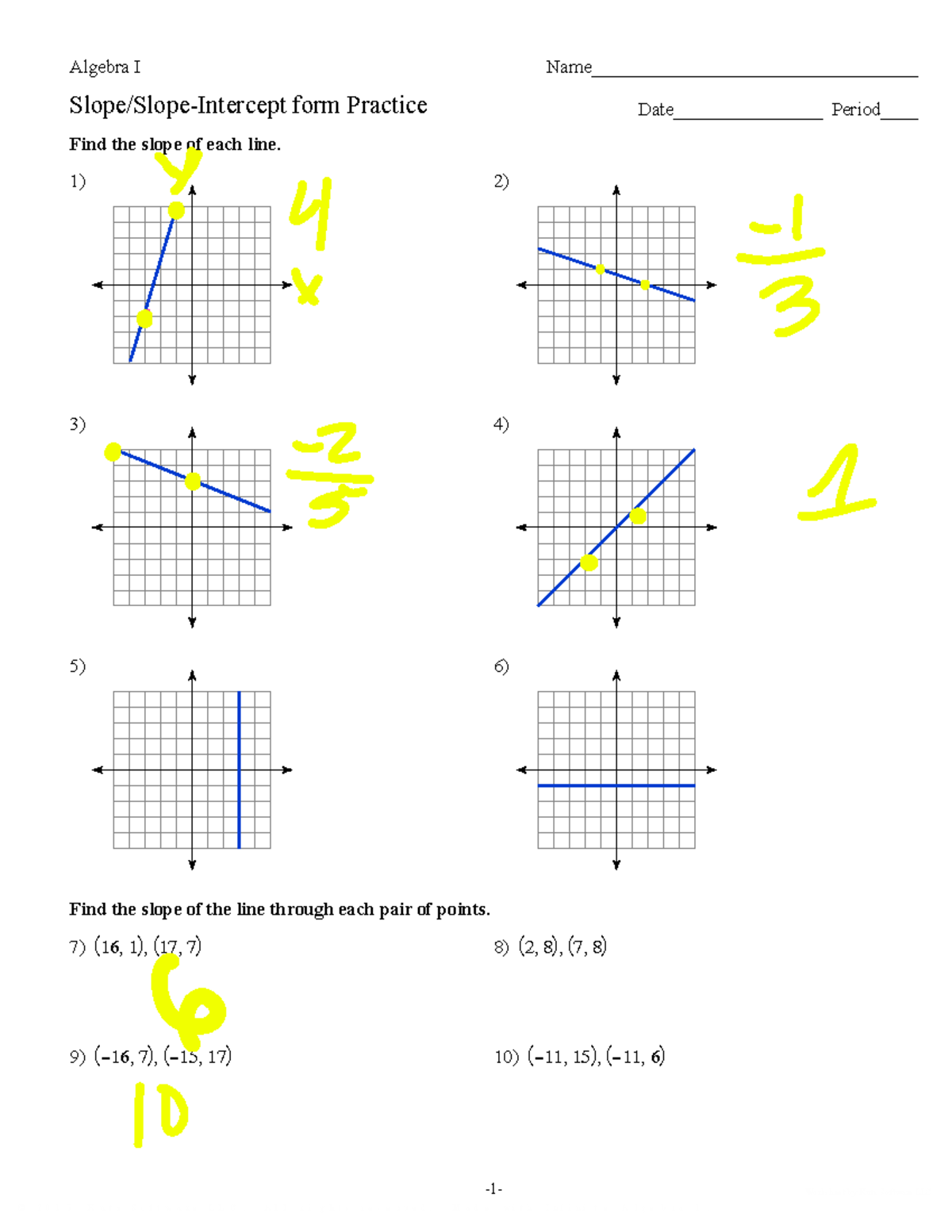Algebra I - Slope & Slope-Intercept Form Practice Worksheet - Studocu