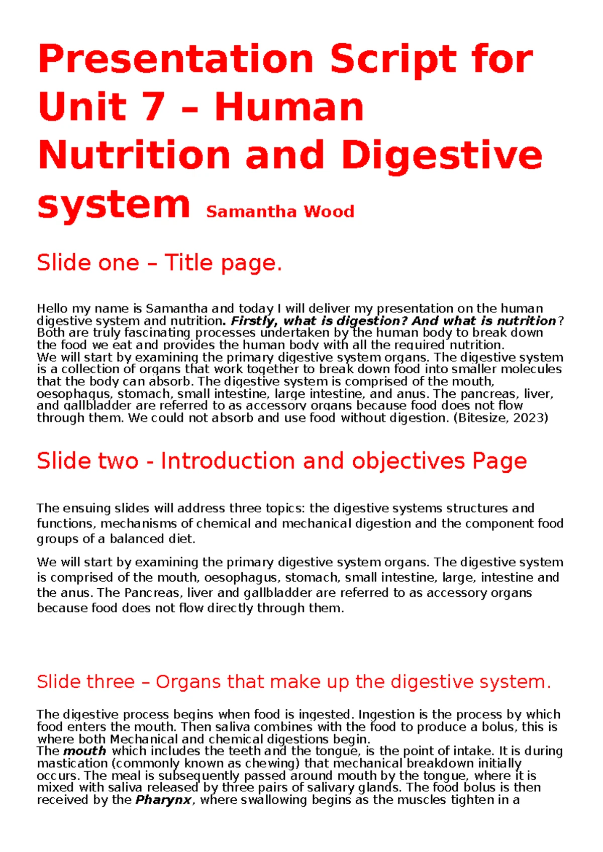 Unit 7 Human nutrtion and digestion (Presentation script ...