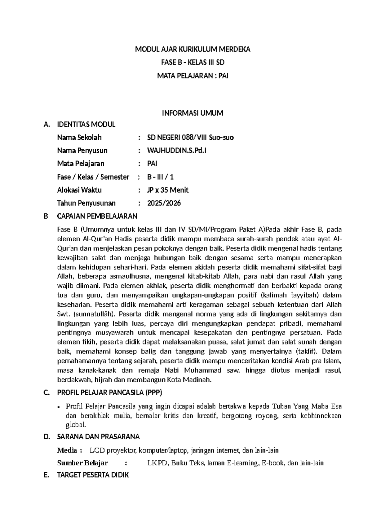 Modul Ajar Kurikulum Merdeka Fase B PAI Kelas SD Semester 1 - Studocu