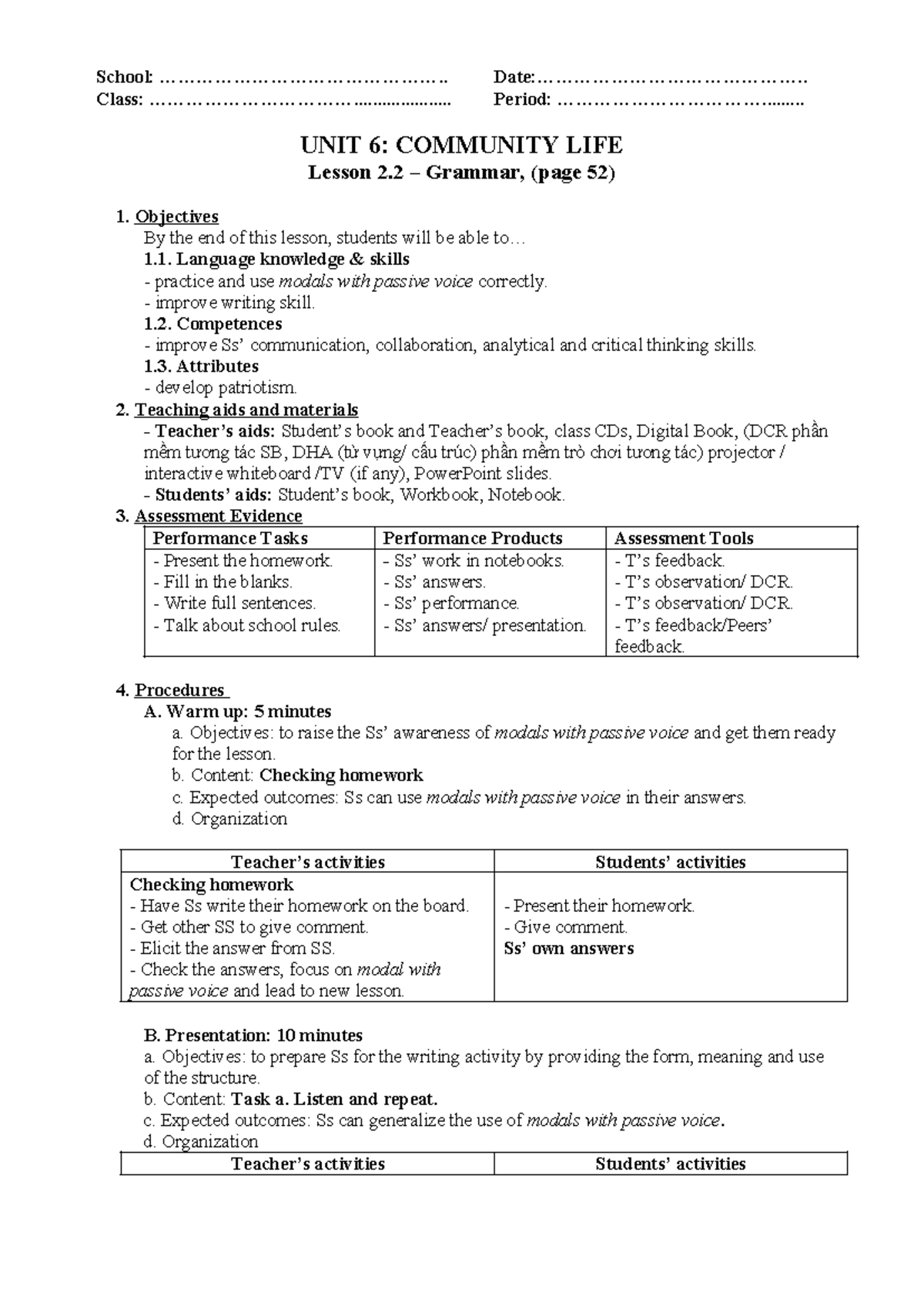 Unit 6: Community Life - Lesson 2.2 Grammar on Modals with Passive ...