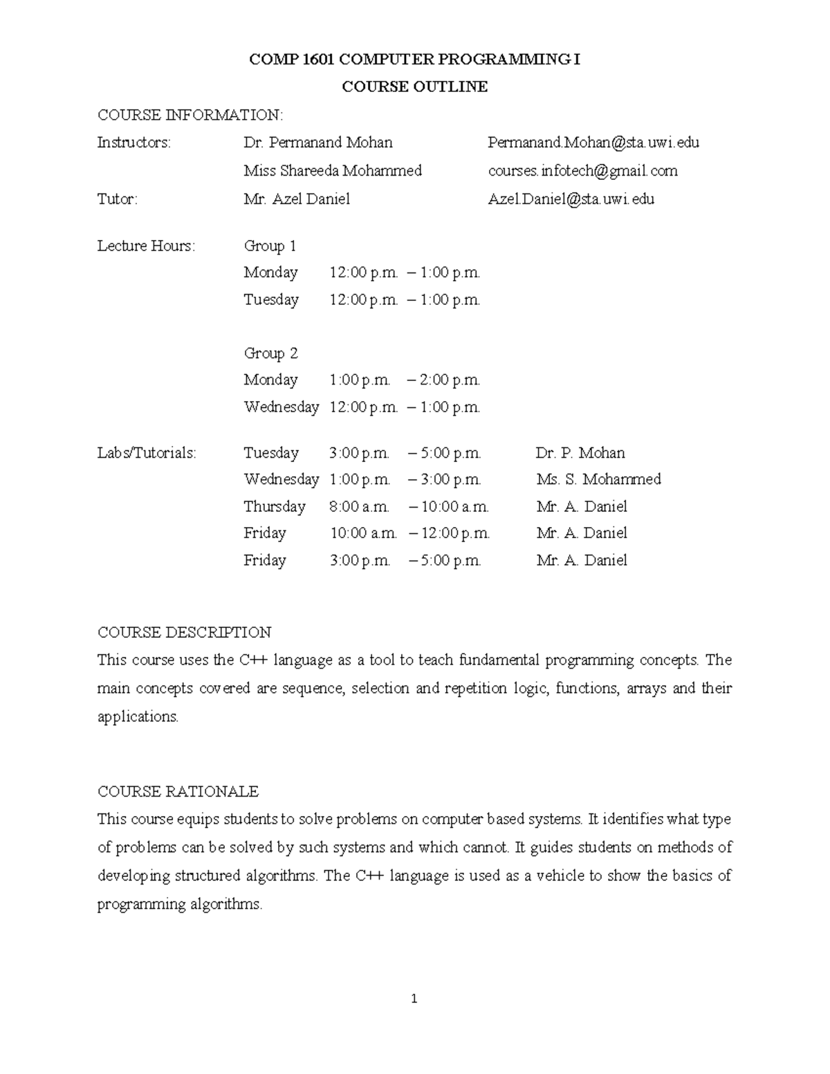 2021-2022 COMP1601 Course Outline - Computer programming 1 - UWI - Studocu