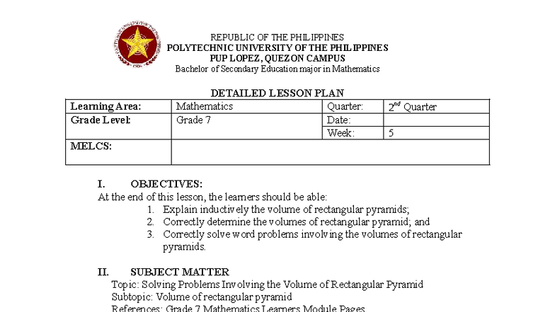 DLP: Grade 7 Mathematics Lesson Plan on Volume of Rectangular Pyramids ...