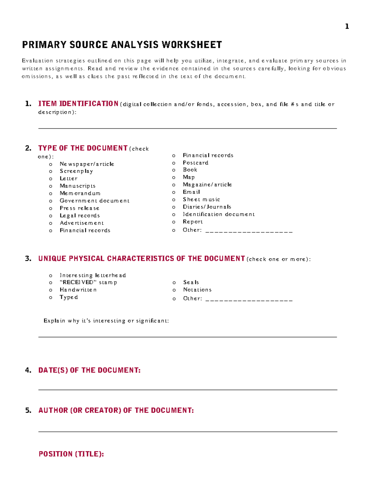 1 PRIMARY SOURCE ANALYSIS WORKSHEET: Evaluation Strategies and Insights ...
