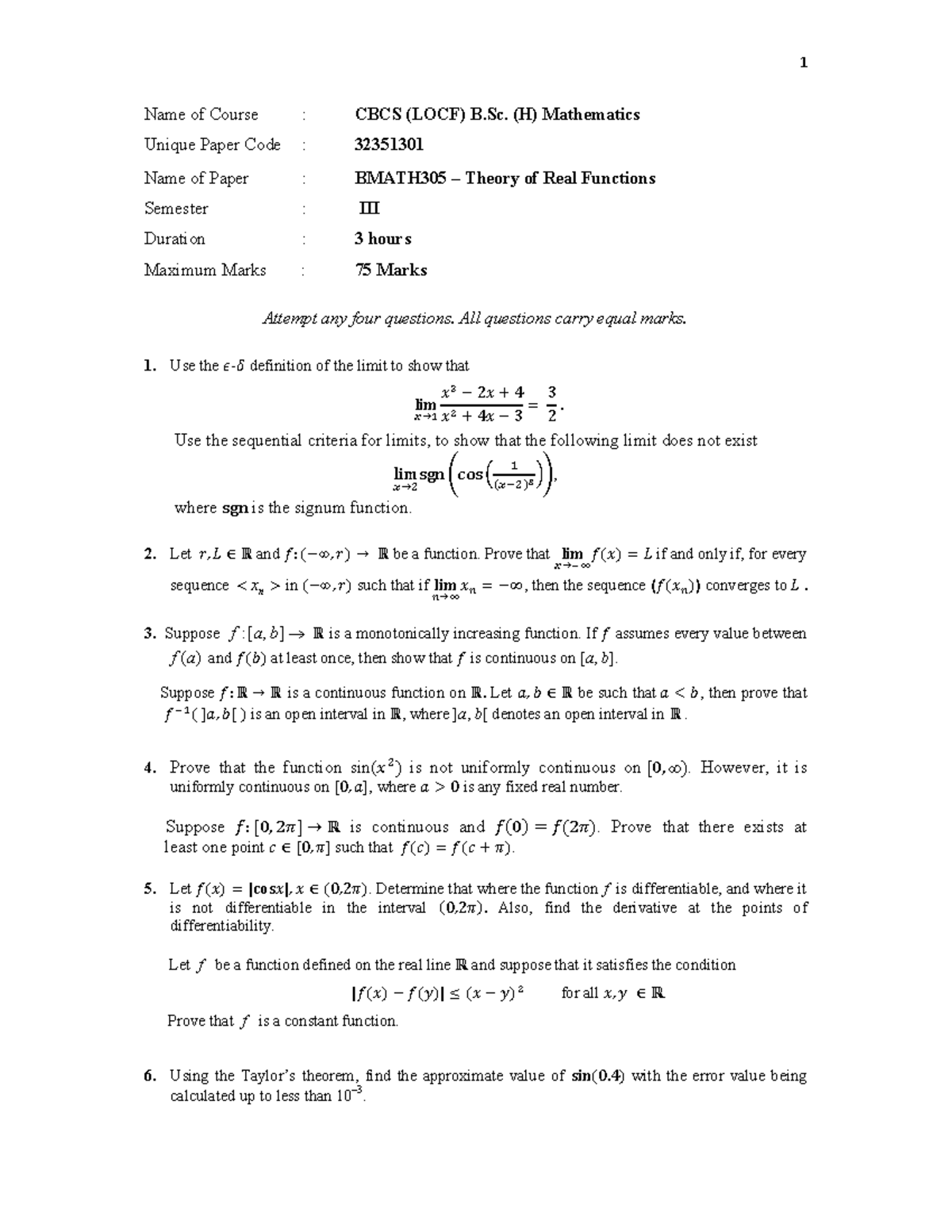 BMATH305 Final Exam: Theory of Real Functions - PYQ 2020-2021 - Studocu