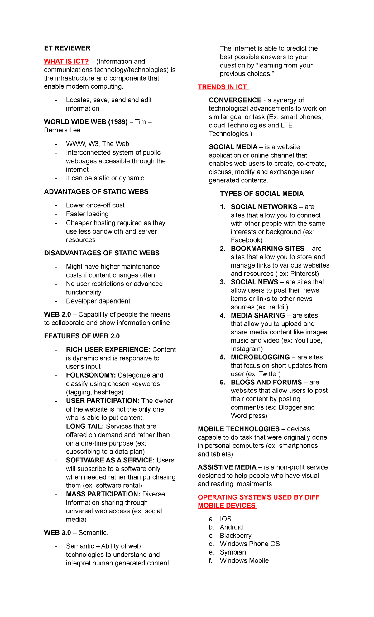 ET- Reviewer - ET REVIEWER WHAT IS ICT? – (Information and ...