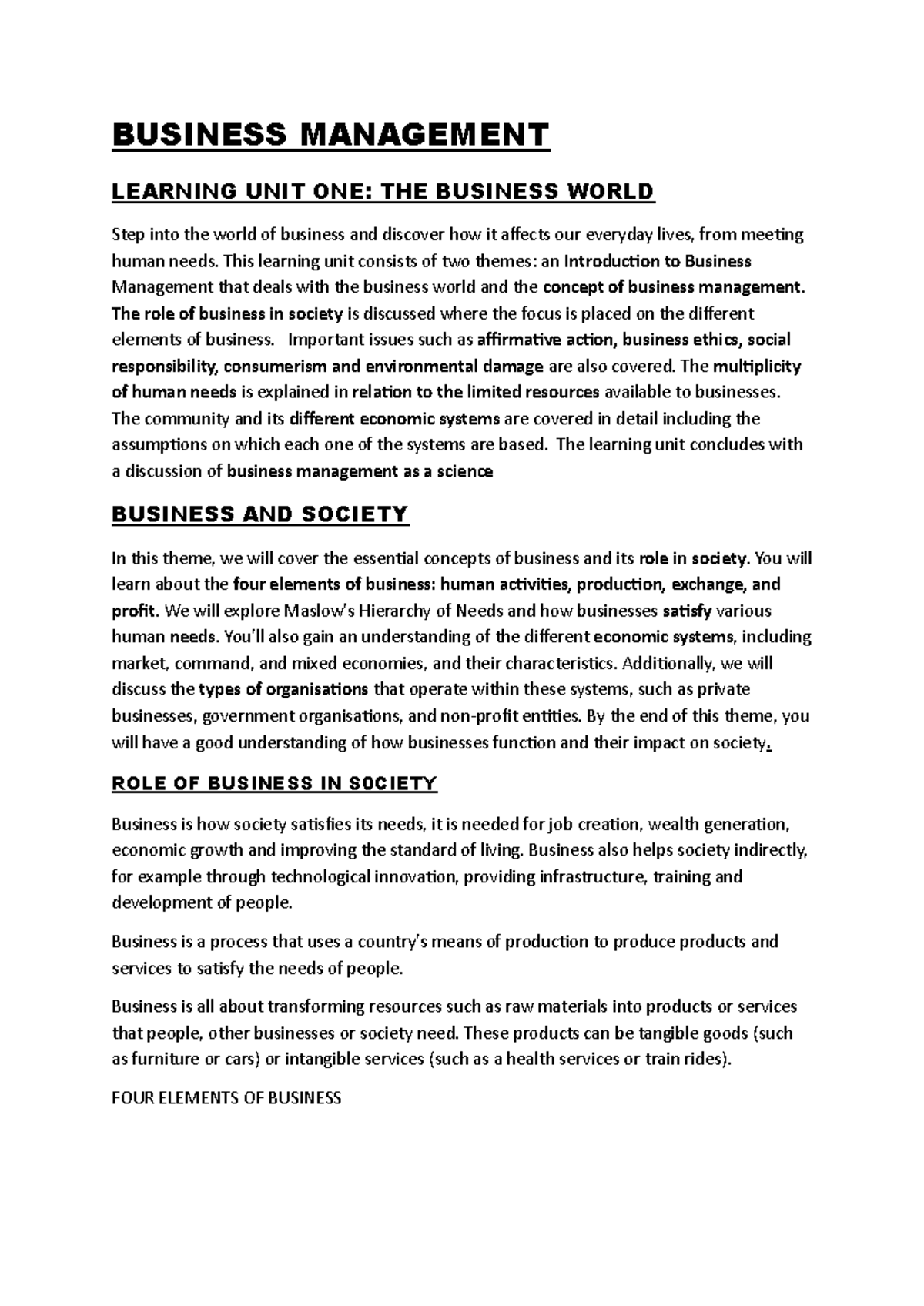 BUSINESS MANAGEMENT UNIT 1: UNDERSTANDING THE BUSINESS WORLD - Studocu