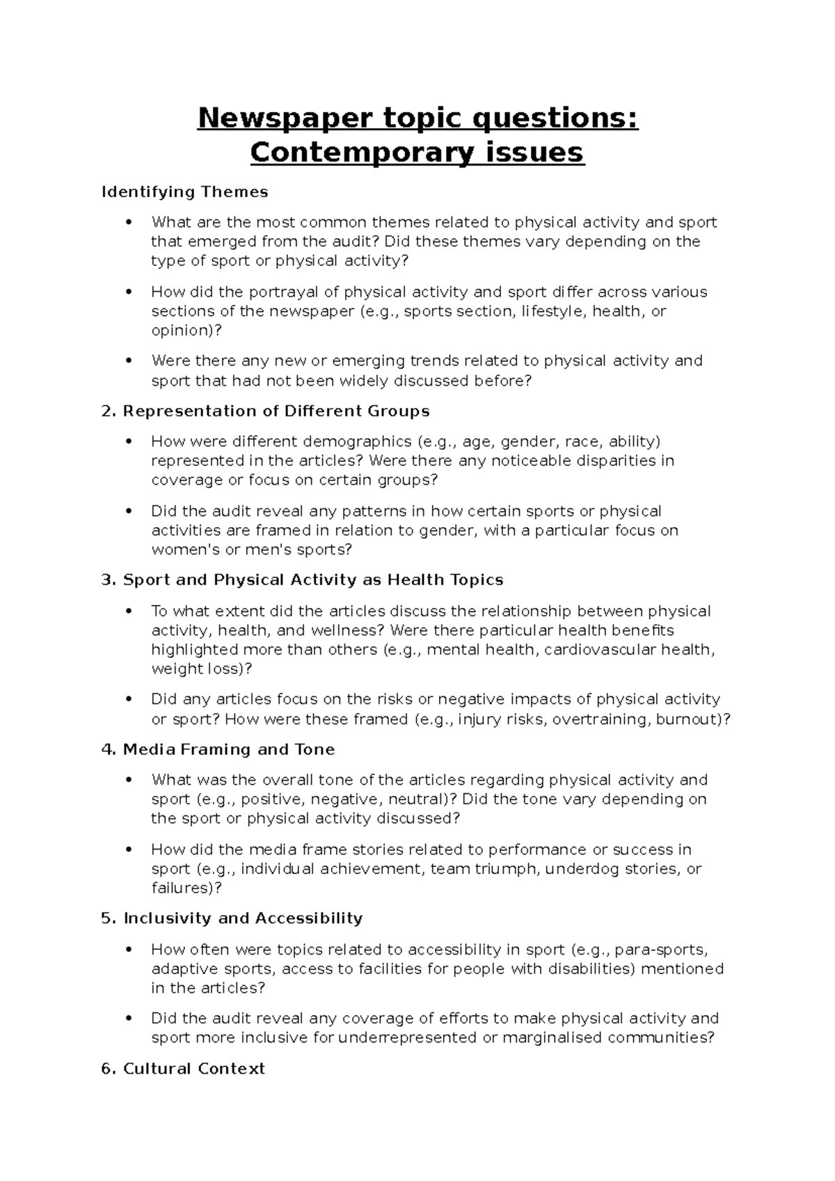Newspaper Topic Questions: Analyzing Themes in Sport & Activity - Studocu