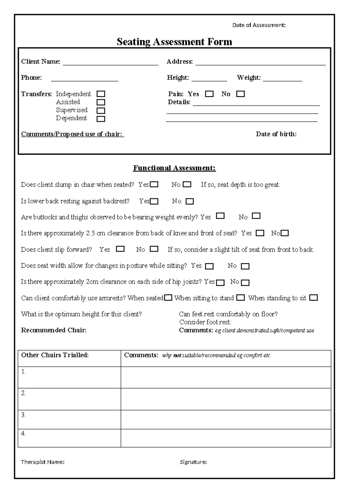 Seating Assessment Form for Client Evaluation and Recommendations - Studocu