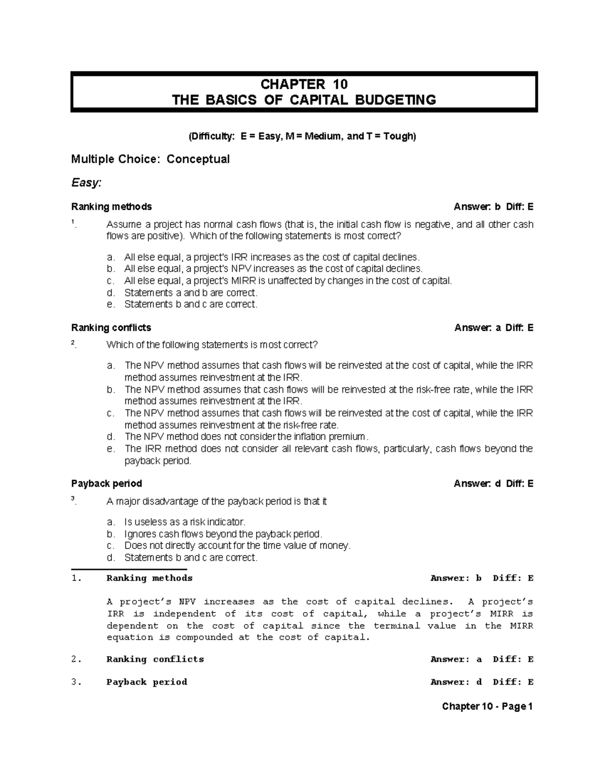 CHAPTER 10 - CAPITAL BUDGETING BASICS: MCQs & CONCEPTS - Studocu