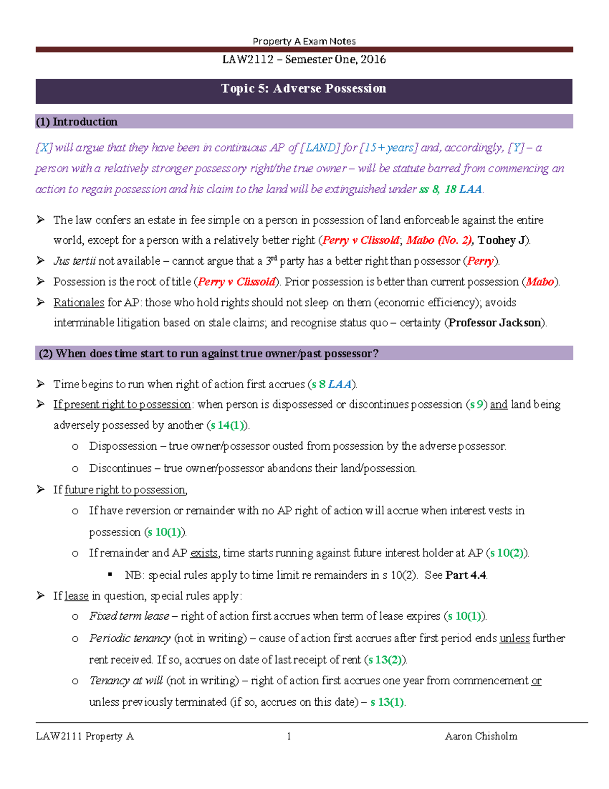LAW2112 Property A Exam Notes: Adverse Possession and Leasehold Estates ...