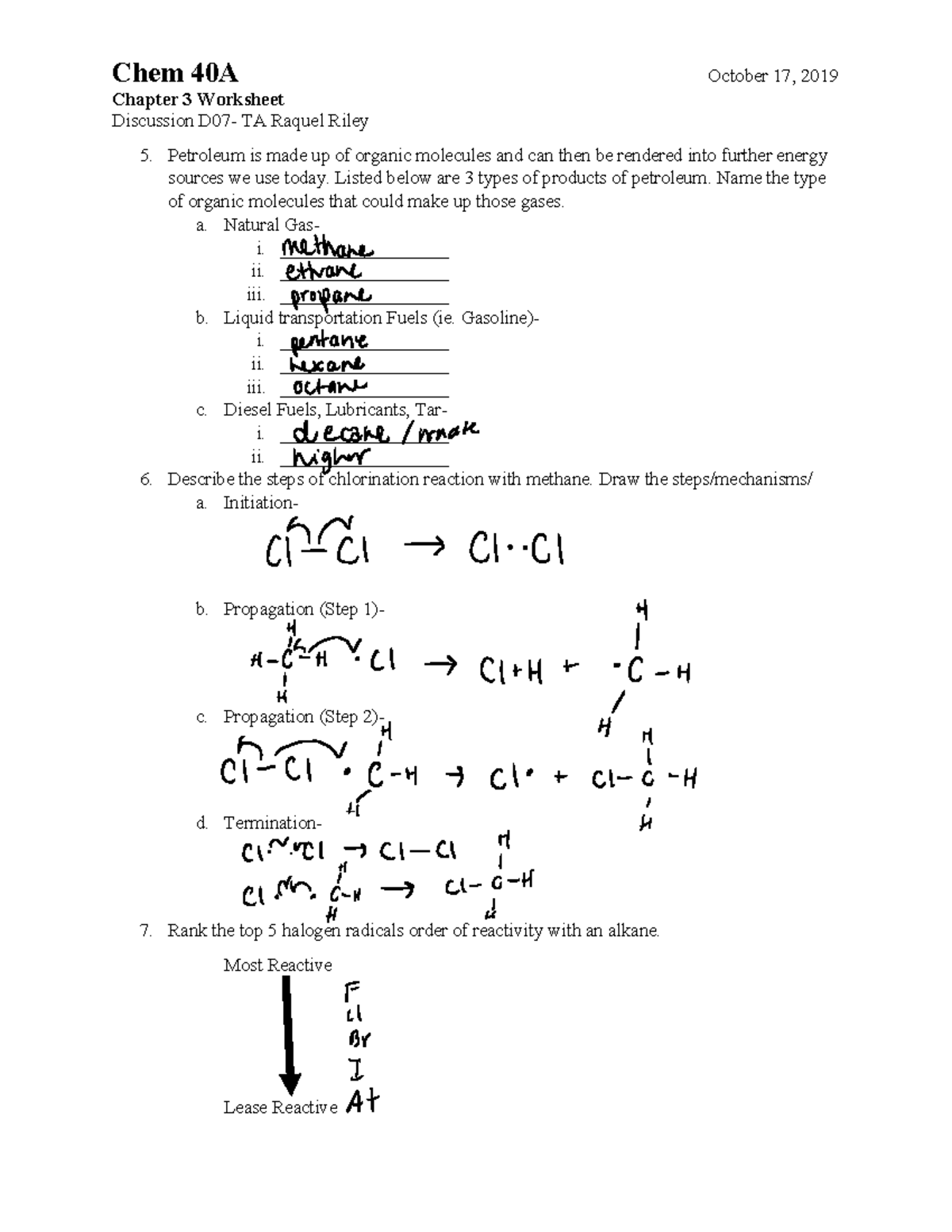 Chem 40A Chapter 3 Review Worksheet - Petrochemicals & Reactions - Studocu