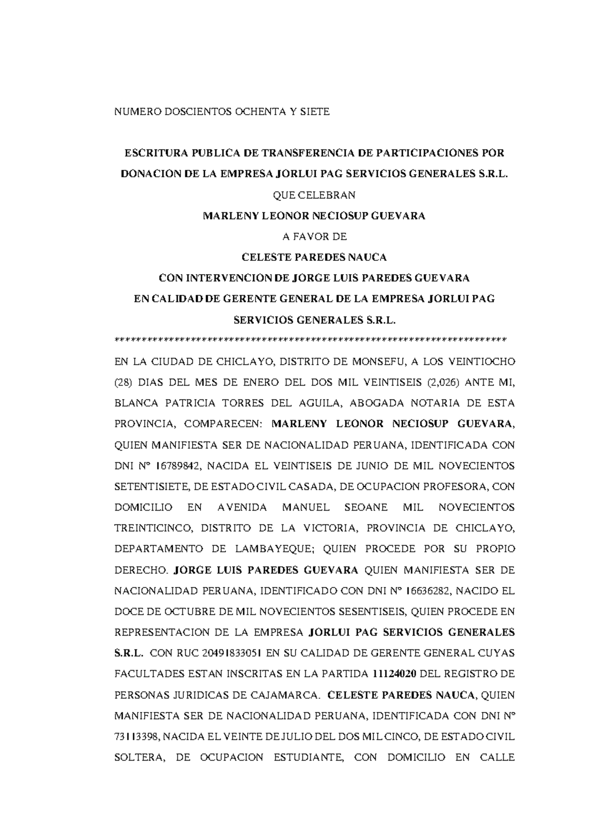 Donación de Participaciones - Empresa Jorlui PAG S.R.L. - Document Preview