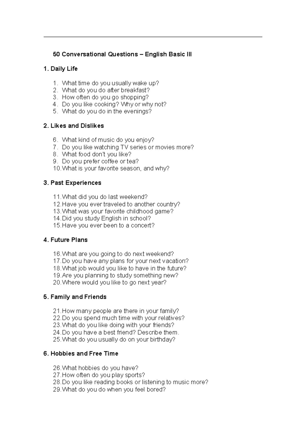 50 Conversational Questions for English Basic 1: Daily Life & More ...