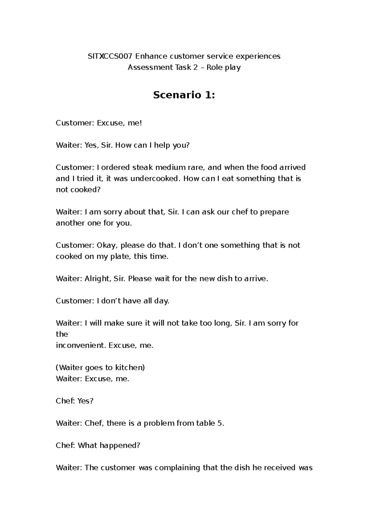 SITXCCS007 Assessment Task 2 - Role Play Scenarios for Customer Service ...