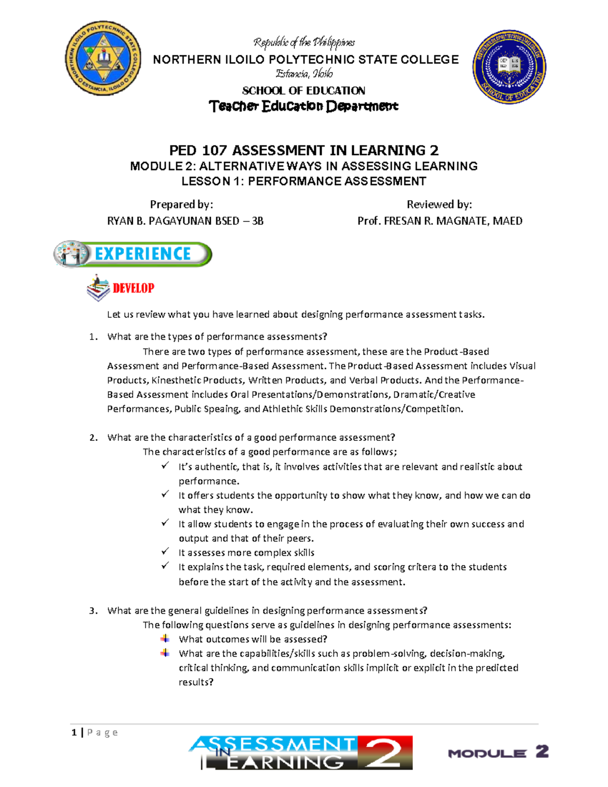 PED 107 MODULE 2: ALT. WAYS OF PERFORMANCE ASSESSMENT - Studocu