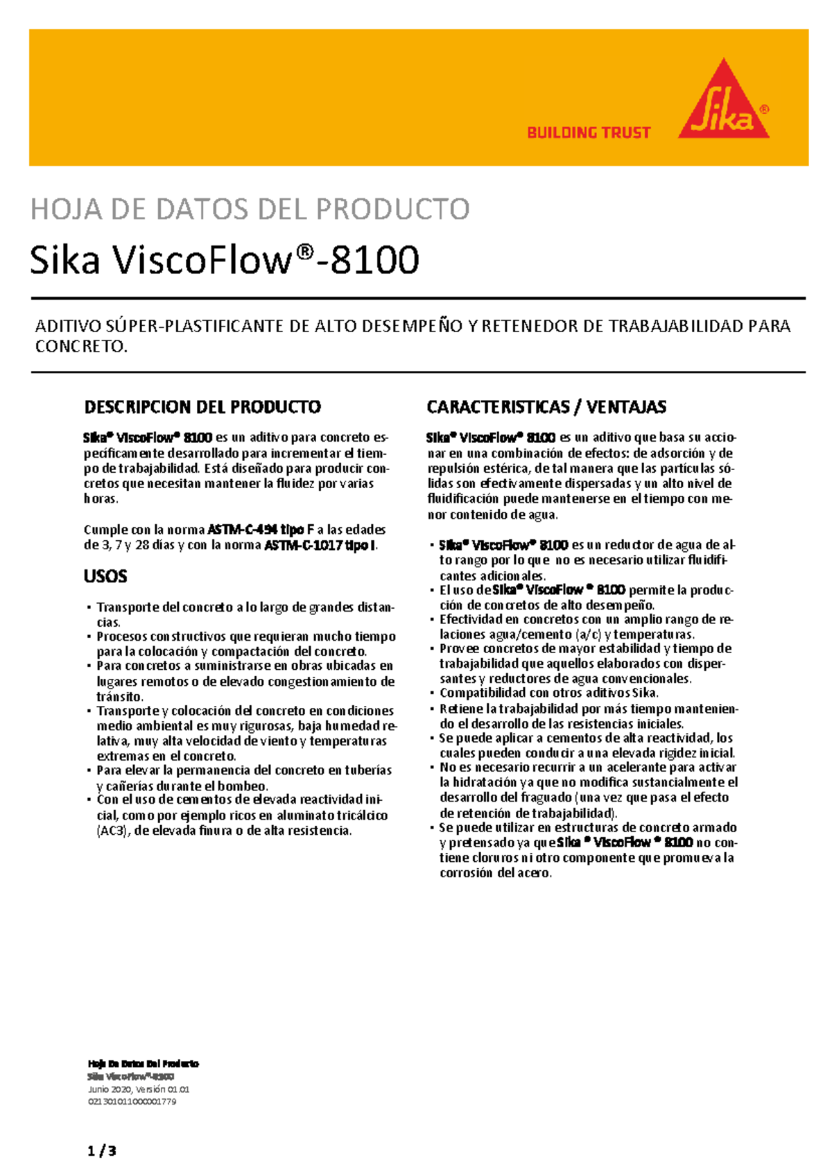 Hoja de Datos del Producto Sika ViscoFlow 8100: Aditivo para Concreto ...