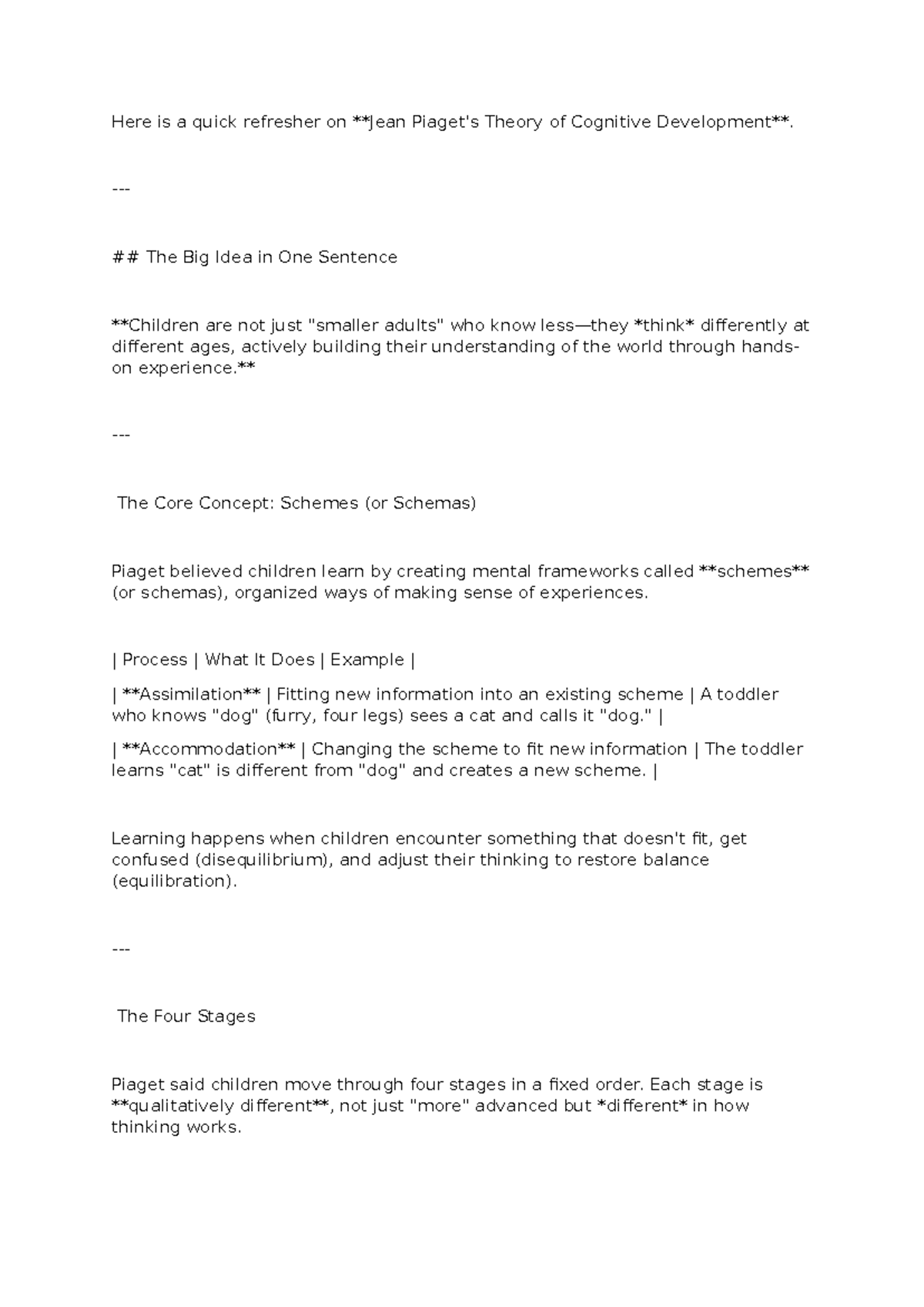 Piaget's Theory of Cognitive Development - Summaries (PSY 101) - Studocu