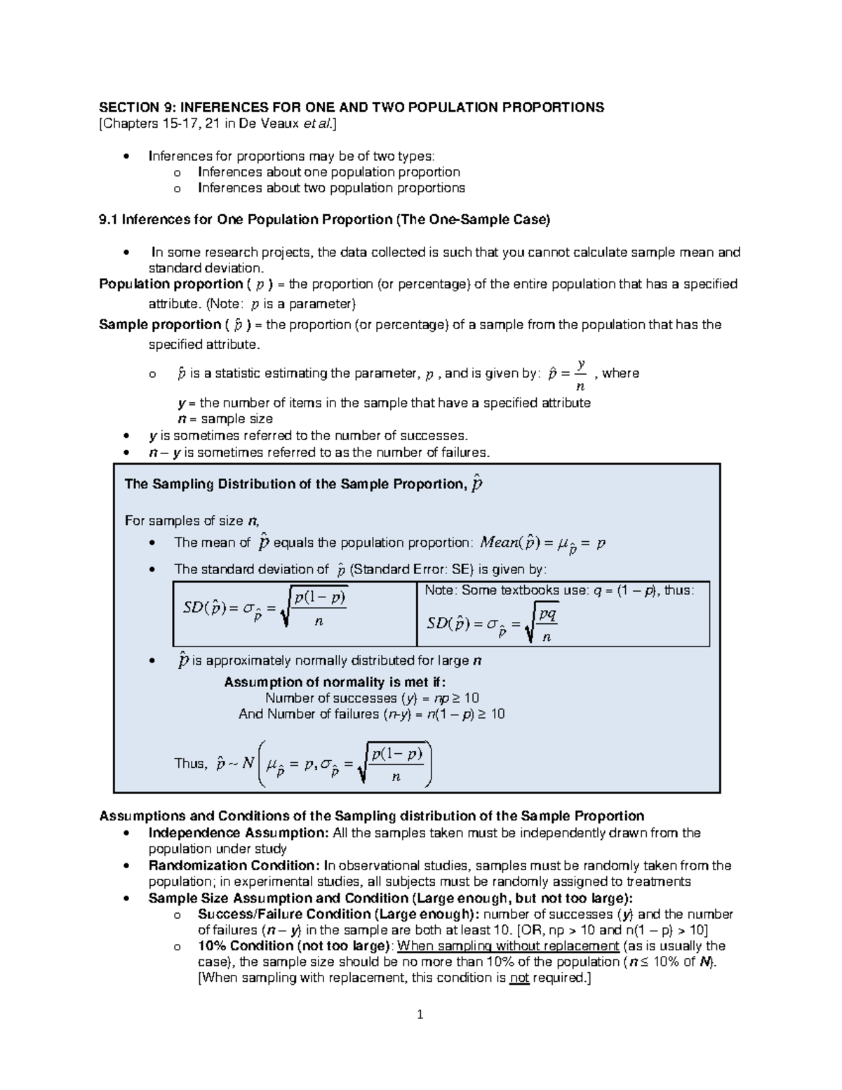 STAT 151 - Final Exam Notes on Inferences for One & Two Proportions ...