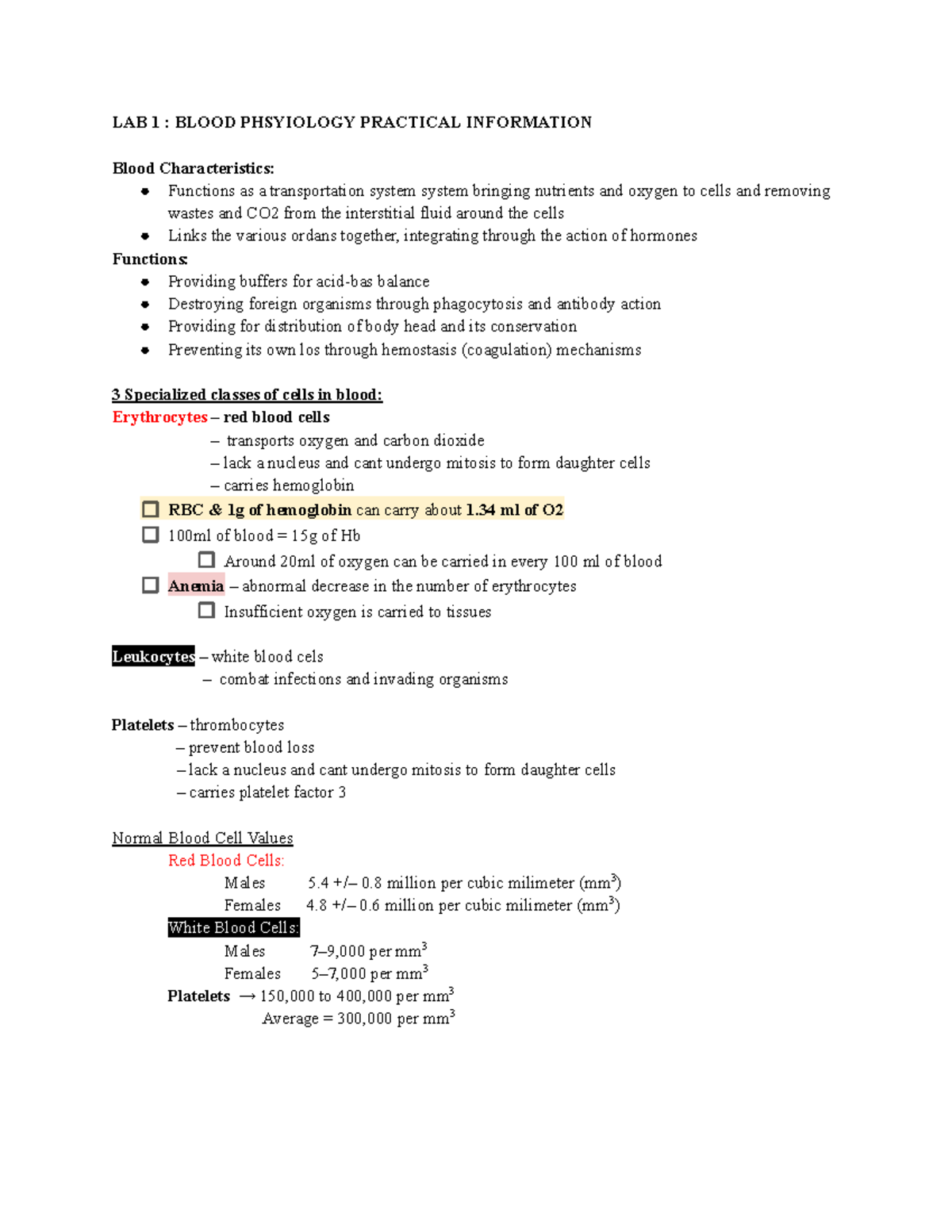 LAB 1: BLOOD PHYSIOLOGY PRACTICAL INFORMATION - Insights & Data - Studocu
