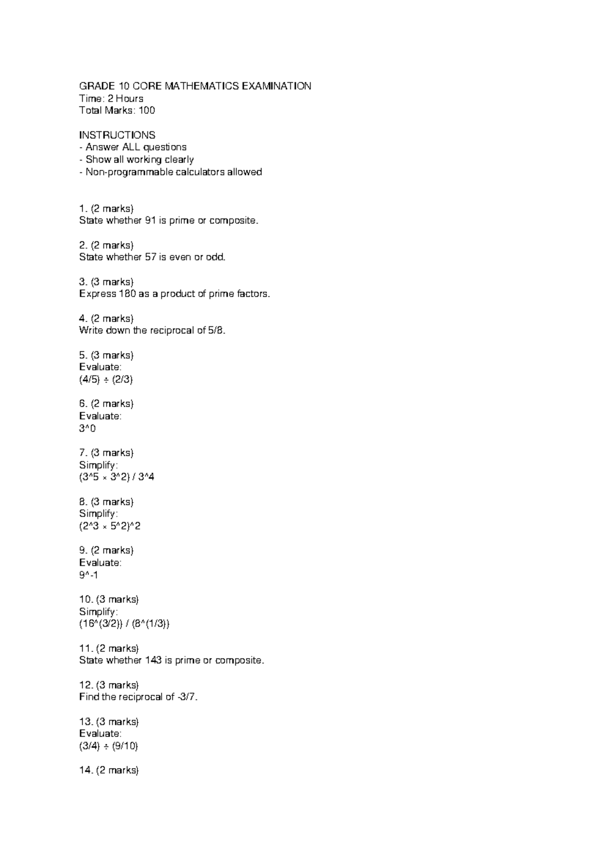 Grade 10 Core Math Final Exam - 2 Hours, 100 Marks - Studocu