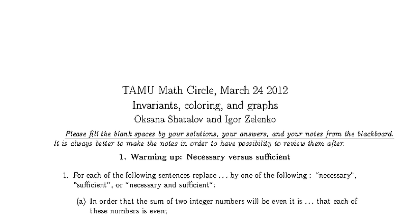 TAMU Math Circle: Invariants, Coloring, and Graphs Problems (Mar 24 ...