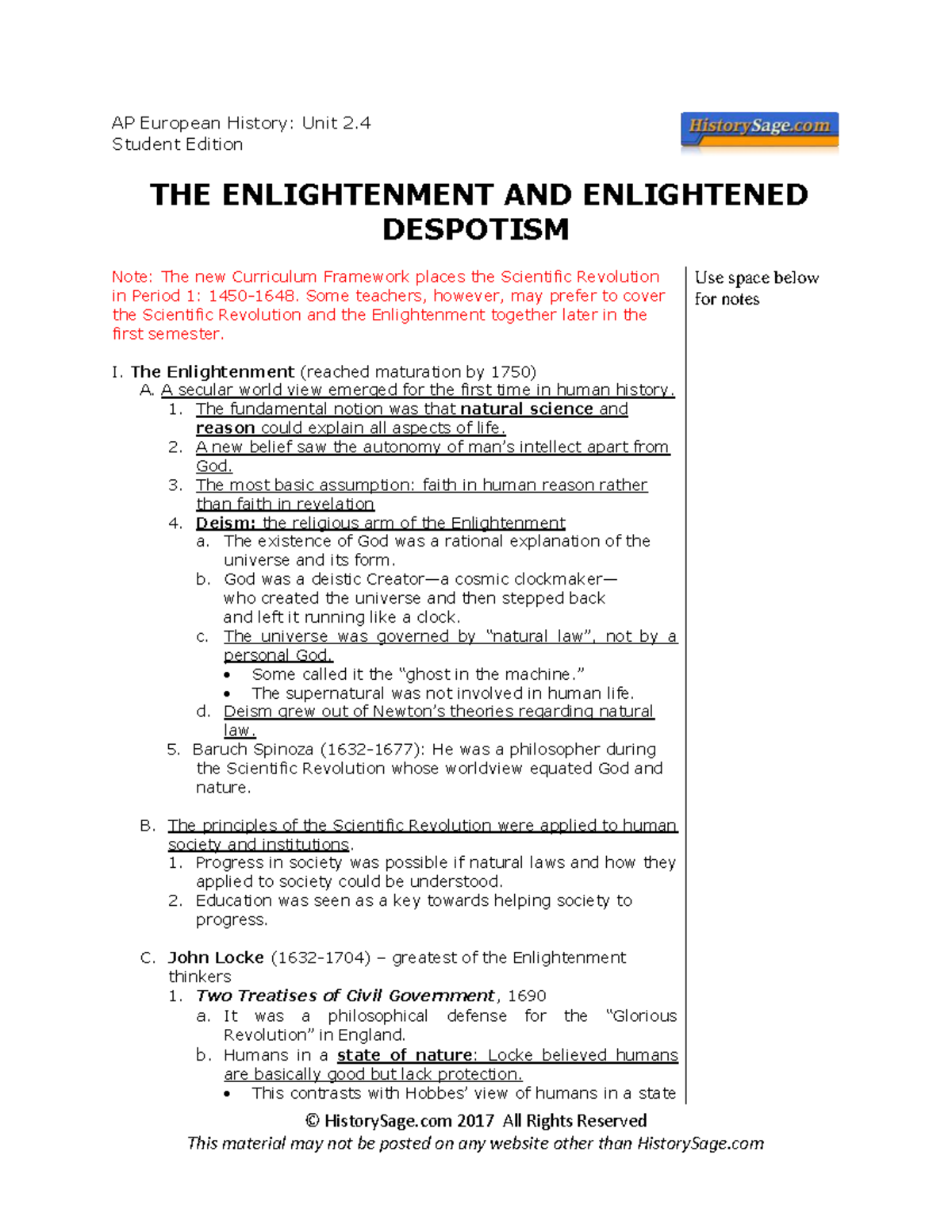 AP European History: Unit 2.4 Lecture Notes on Enlightenment ...